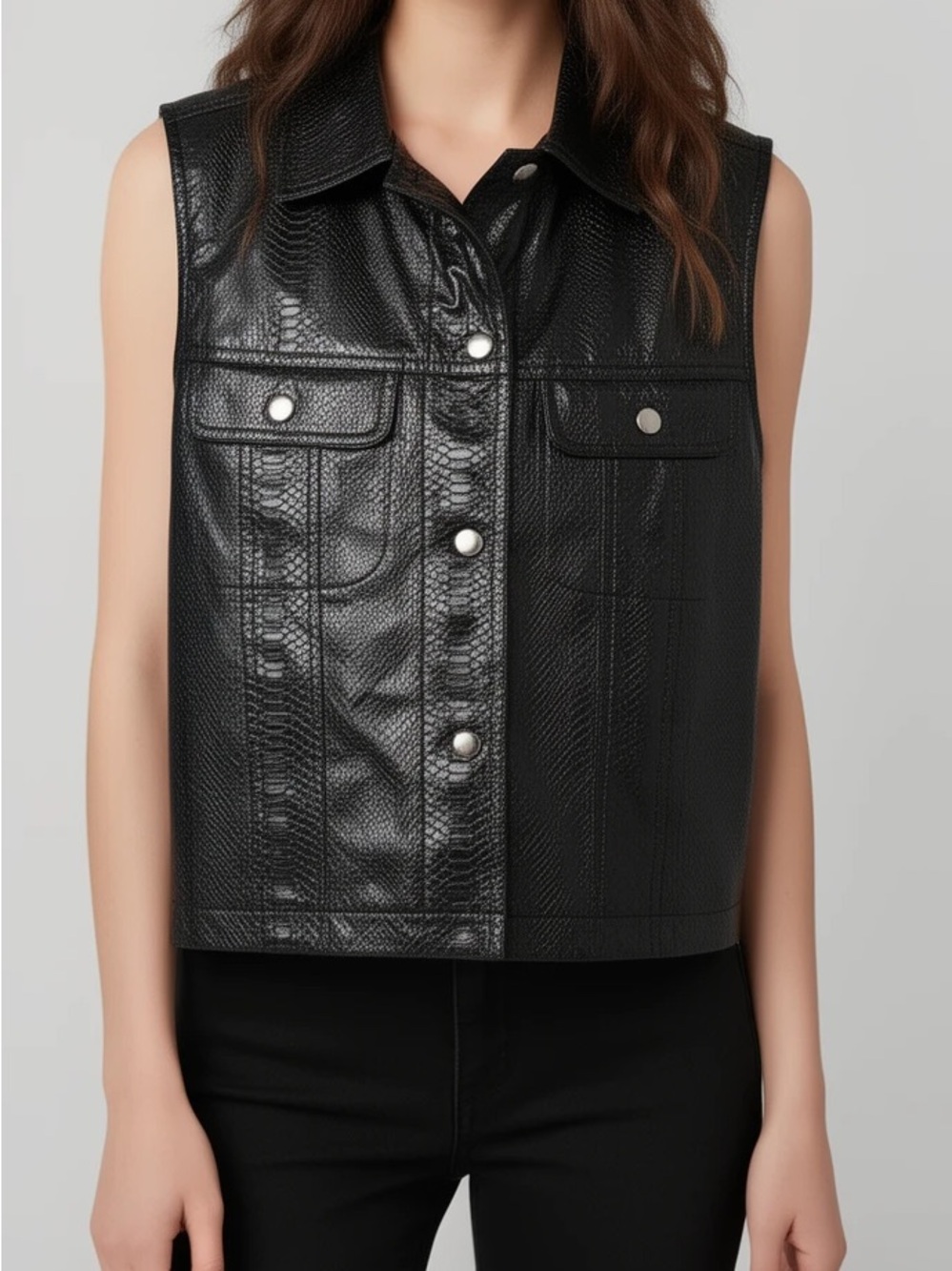 Selene Sport Black Snake-Embossed Faux Leather Vest – Size Large